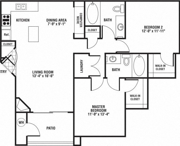 Floor plan for 2 beds, 2 baths, 1062 sqft
